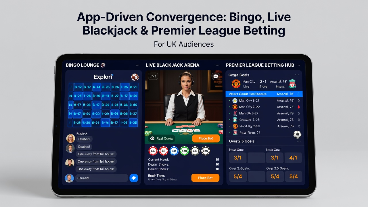 UK users engaging with converged app features including bingo halls, live dealer blackjack, and football betting dashboards