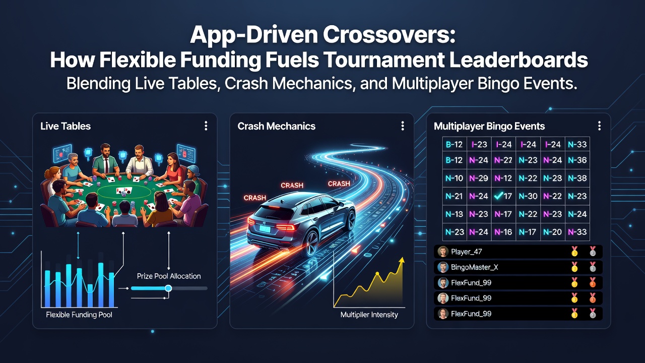 Mobile app interface showing integrated tournament leaderboard with live tables, crash games, and bingo sessions