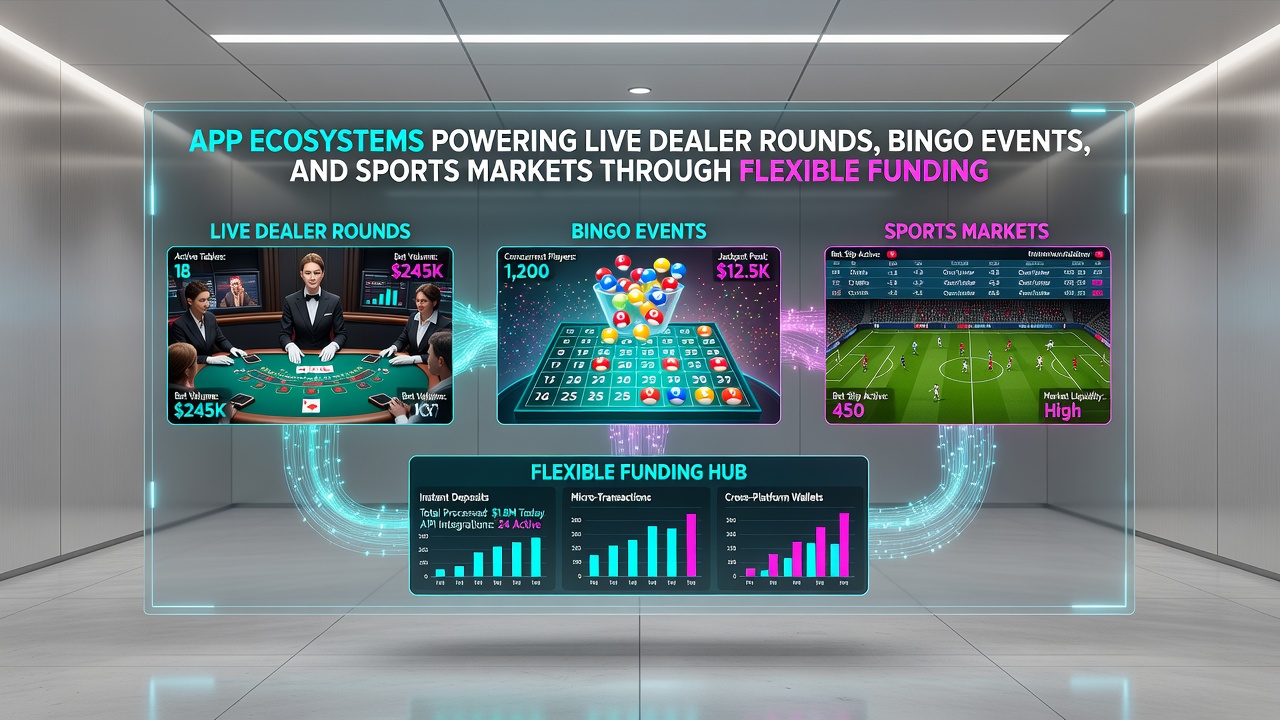 Split screen showing bingo card interface transitioning to sports odds dashboard with funding selection menu