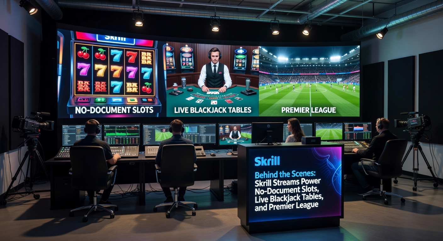 Live blackjack dealer streaming from a professional studio, with Skrill deposit confirmation overlay and Premier League odds sidebar