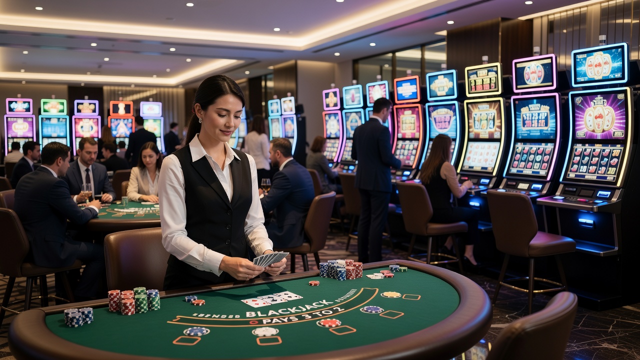 Digital casino game interfaces showing slot reels and live dealer tables