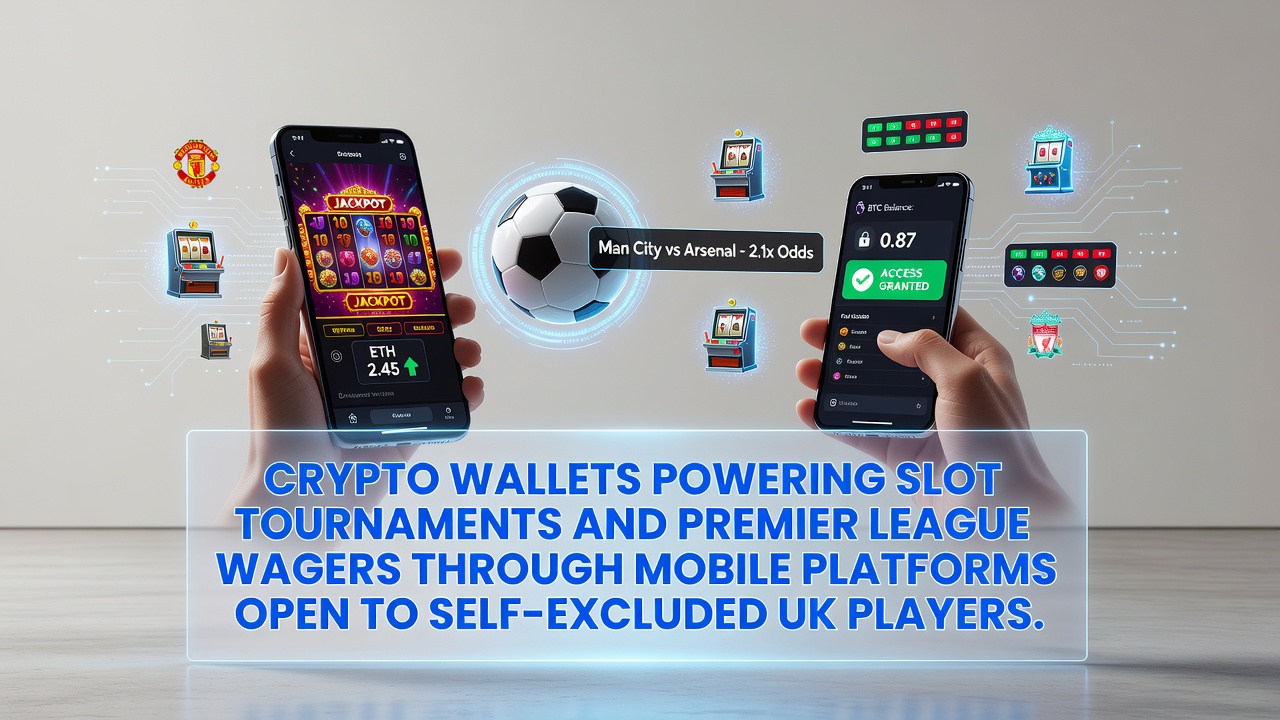 Mobile crypto wallet interface displaying slot tournament entries and Premier League wager options on a smartphone screen