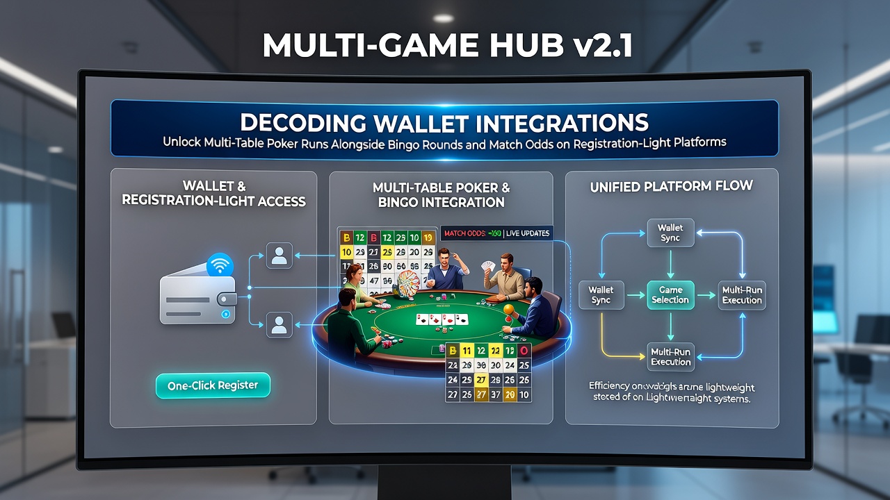 Digital wallet interface displaying connections to poker tables, bingo halls, and sports betting odds on a streamlined platform