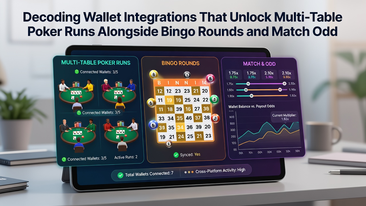 Flow diagram illustrating wallet connections across poker, bingo, and sports betting interfaces