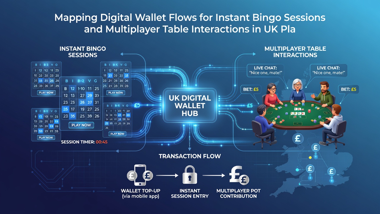 Flowchart illustrating digital wallet connections to bingo and table game servers in UK player ecosystems