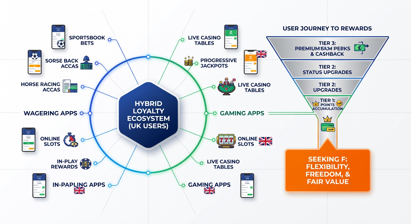 Diagram illustrating how points flow between sports betting markets and casino games within a single loyalty dashboard
