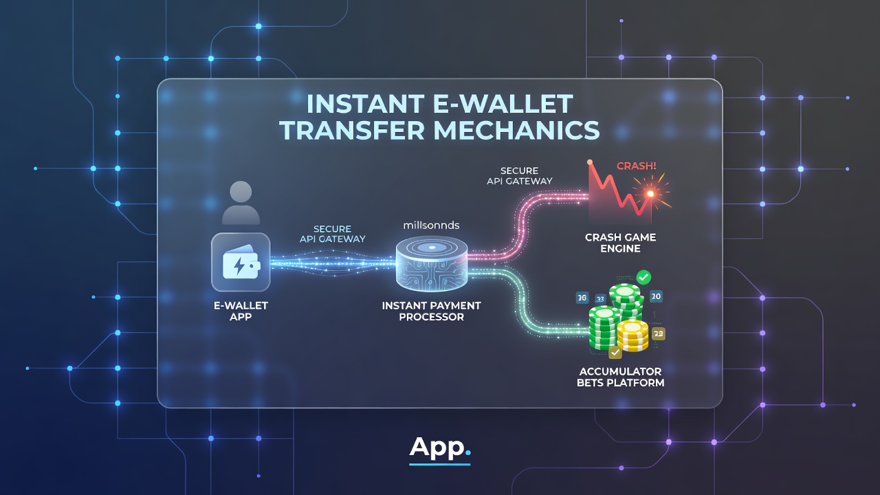 Mobile app screenshot displaying accumulator bet slip alongside e-wallet balance update notification