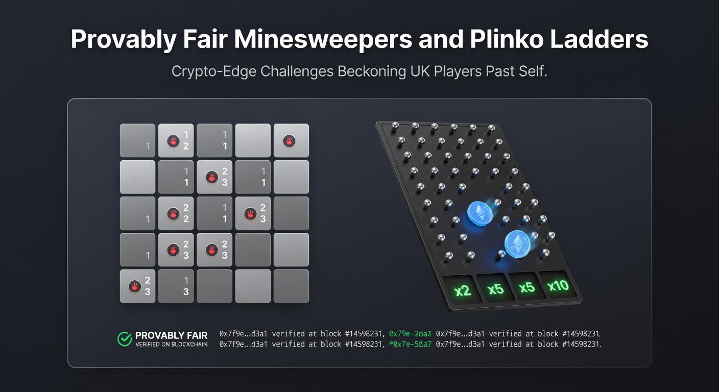 Close-up of a provably fair Minesweeper interface on a crypto casino site, showing flagged mines, safe tiles with multipliers, and a blockchain verification button glowing green