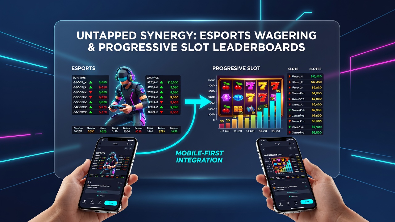 Split-screen mobile view showing an active esports match alongside a real-time progressive slot leaderboard